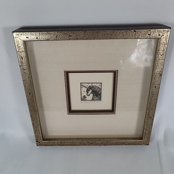 Rare Etching Unicorn & Rose 1976 Alice V. Scott Framed & Matted 12" x 12" 50/100 - Picture 8 of 8